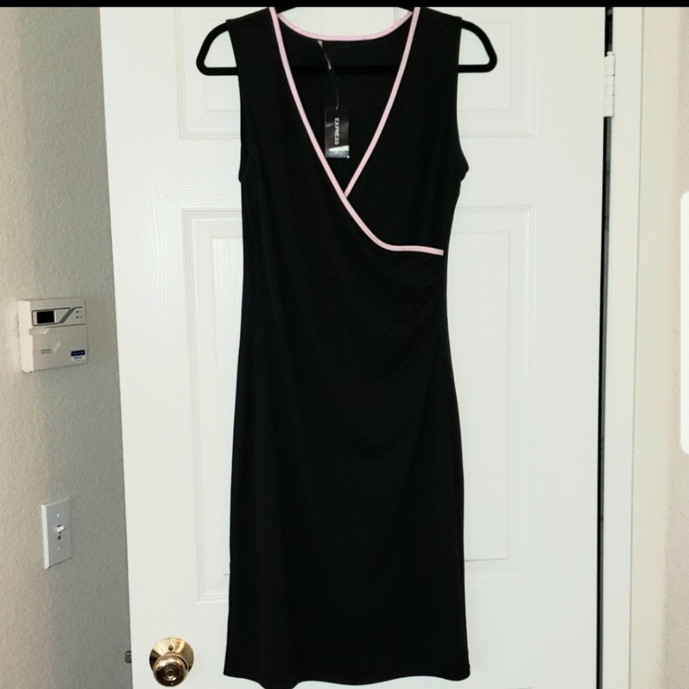 Black Express dress with pink trim.